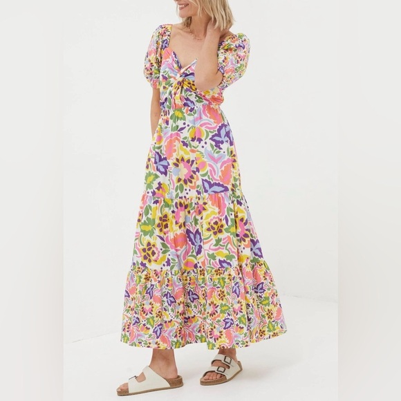 Fat Face Dresses & Skirts - FatFace Natural Art Floral Midi Dress Floral Puff Sleeve tiered Maxi Dress 10 R